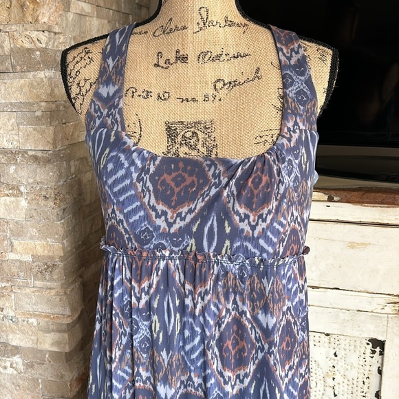 Sundance navy tiered sleeveless racerback maxi dress aztec print lined - Picture 2 of 15